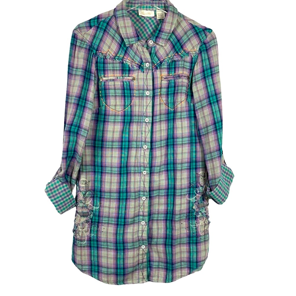 MISS ME plaid western button down tunic top dress Medium